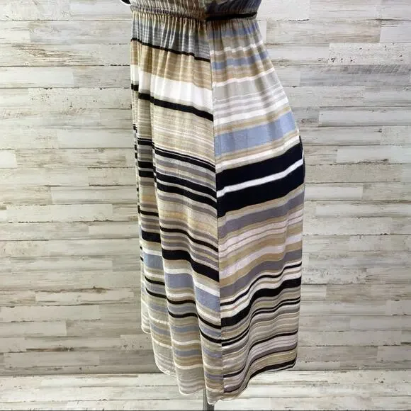 Hale Bob Silk Blend Faux Wrap Dress Womens Size S Tan Black Striped - Picture 6 of 13